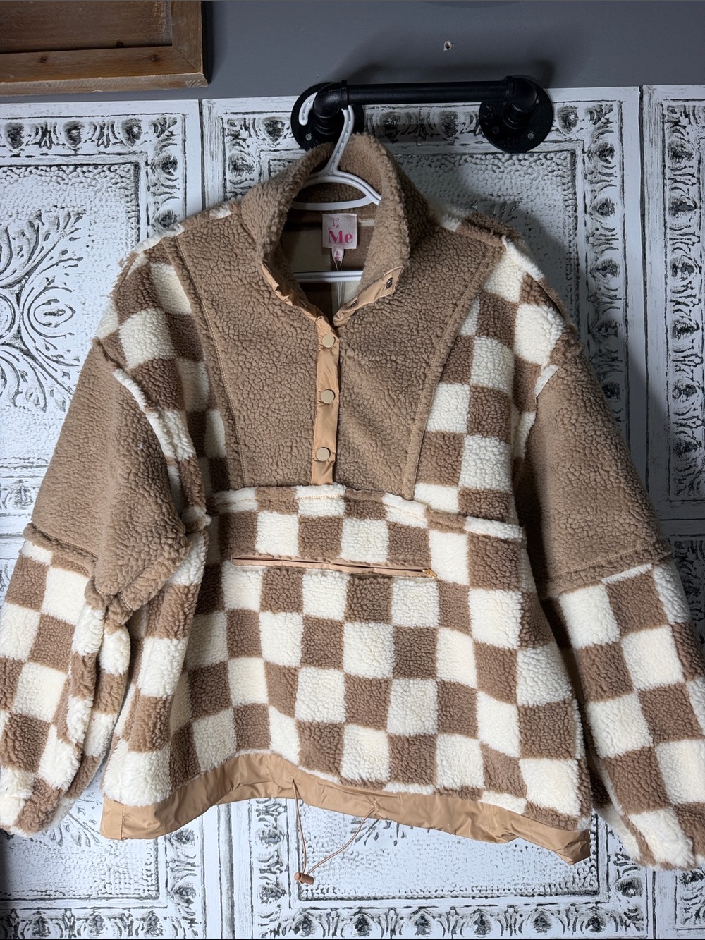 ME Cozy Checkered Sherpa Pullover in Brown and Cream